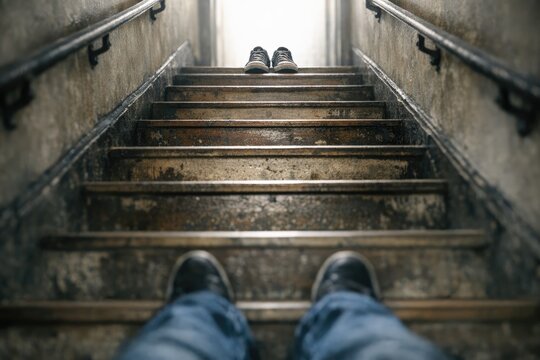 A person stands at the top of a stairway, looking down