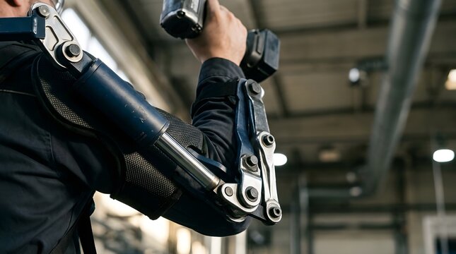 A person wearing a futuristic robotic exoskeleton arm while lifting a weight in a modern fitness facility for rehabilitation