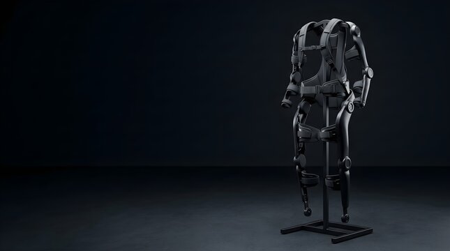 Advanced black robotic exoskeleton suit displayed on a stand in a dark futuristic setting