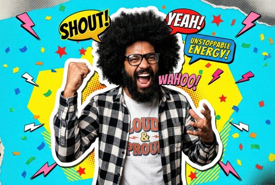 Energetic Man with Afro Shouting in Pop Art Comic Book Style Background with Speech Bubbles and Confetti