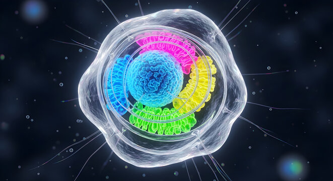 Microscopic view of animal cell structure showing nucleus mitochondria and organelles art.