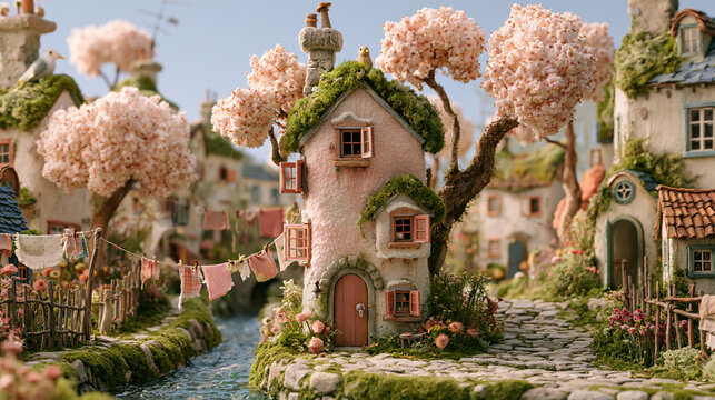Whimsical miniature fairy tale village with tiny cottages, pink blossom trees, cobblestone paths and a flowing stream, charming handcrafted fantasy spring landscape