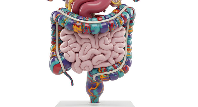 Stylized human digestive tract with marbled colorful patterns on white studio background.
