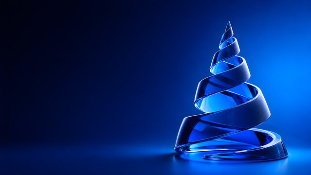 Abstract 3D glossy blue glass spiral cone tree on a dark background with copy space