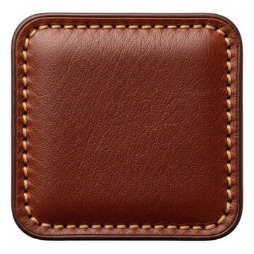 Square brown leather patch with decorative yellow stitching isolated on transparent background
