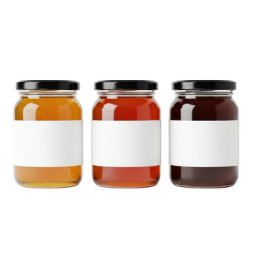 Three glass jars with jam and blank labels isolated on transparent background