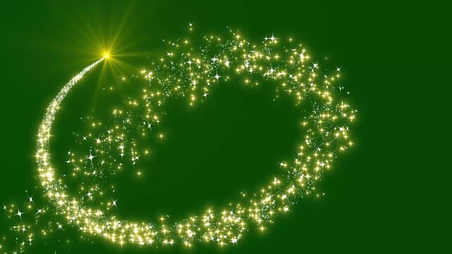 Magical golden fairy dust star trail animation with lens flare light leak,  2d glitter stars line animation, Glowing sparkling star dust trail motion effect on green screen background.4k video