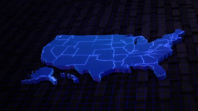 Clean illuminated America map above a digital grid with clearly defined state borders. census data, demographics, regional planning, geographic research, government and information displays.