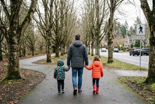 Father holding hands with his son and daughter while walking on a paved path through a park with bare trees in winter.