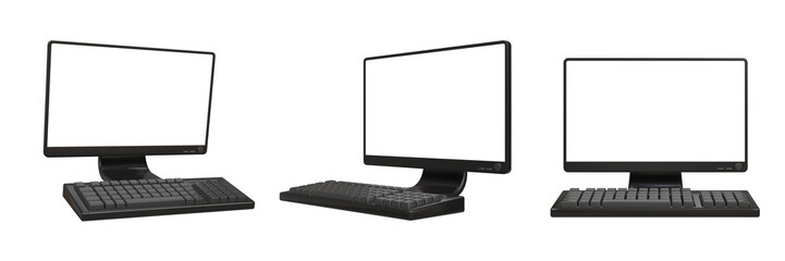 Fototapeta premium 3D icon. A computer in three different positions. A 3D illustration of a monitor with a keyboard in a cartoon style. Computer developments. The concept of working with a computer