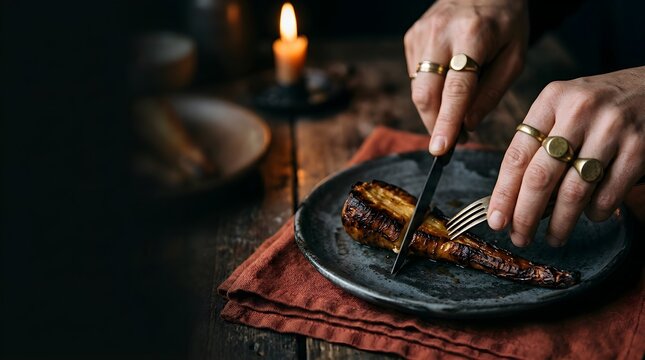 Hands cutting roasted root veget in bakery kitchen with negative