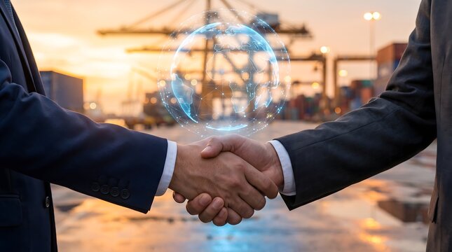 Global partnership handshake with digital hologram globe at shipyard.