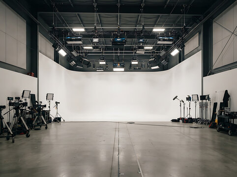 Professional empty photo studio with white cyclorama wall and overhead lighting equipment