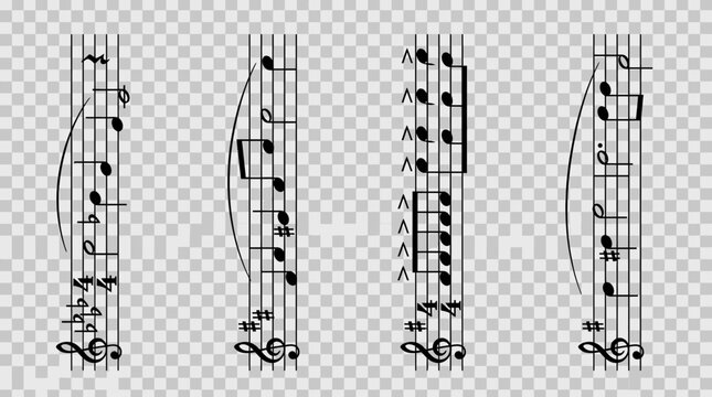 Set of musical notation staves with various notes and symbols on a transparent background.