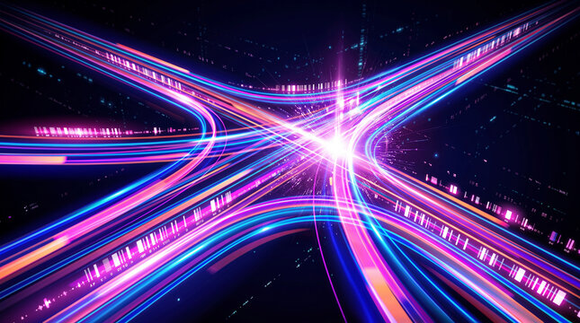 Long exposure light trails of vehicles moving through a city highway intersection at night.