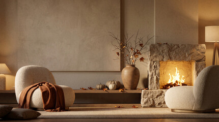 Naklejka premium Cozy Autumn Living Room Interior, Modern Boucle Chairs Near Stone Fireplace Warm Mood Lighting Seasonal Fall Decor Pumpkins Vase Minimalist Japandi Style Home Architecture Atmosphere Background Banner
