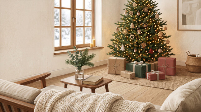 Cozy Scandinavian Christmas Living Room Interior With Decorated Pine Tree Warm Lights Gift Boxes Wooden Coffee Table Knitted, Blanket Neutral Earthy Tones Winter Holiday Seasonal Decor, Celebration
