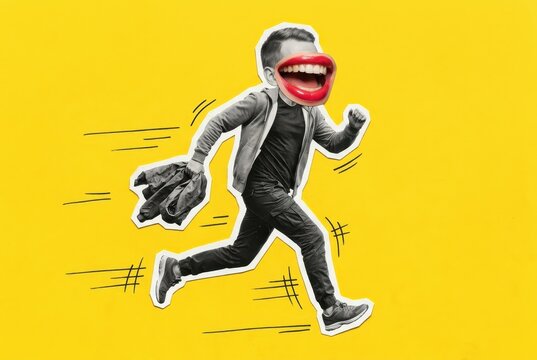 Surreal Art Collage of a Man Running with a Giant Laughing Mouth on Yellow Background