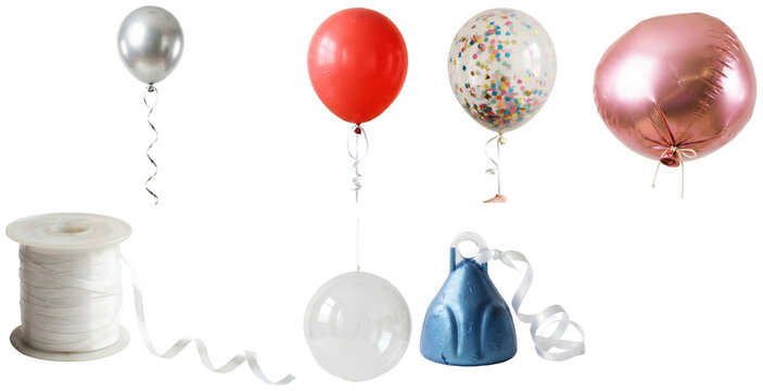 A collection of colorful balloons and party accessories for festive balloon-drop celebrations.