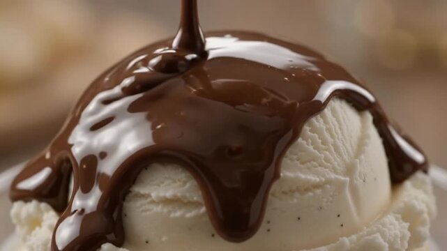 chocolate melted on vanila ice cream close up