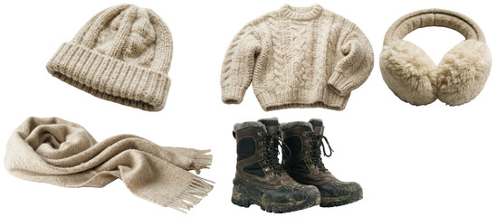 A collection of cozy winter clothing and accessories for staying warm in snowy, cold conditions. © A2026_XXX