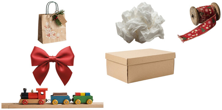 A festive collection of gift wrapping and present items for Christmas surprises and holiday unwrapping.