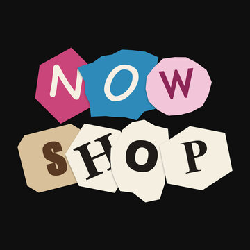 Shop now text written in colorful ransom note style letters on a black background