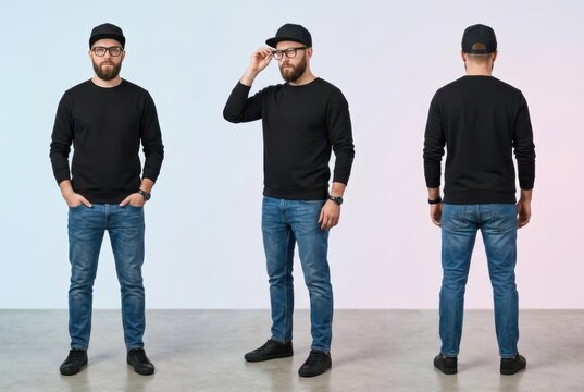 Male Model in Black Long Sleeve Sweatshirt and Blue Jeans, Front Side and Back View Mockup