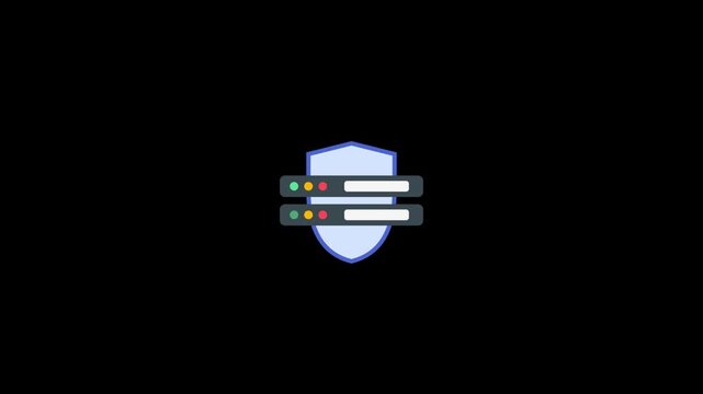 Animated cybersecurity shield and server icon representing data protection and network security on a black background.