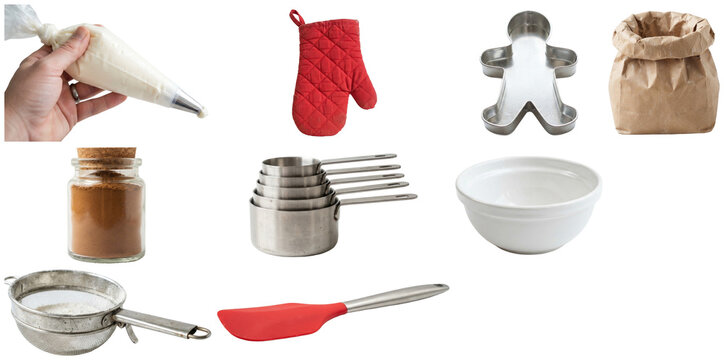 A festive collection of baking tools, ingredients, and cookie-making essentials for winter treats.