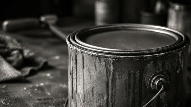 Black and white close-up of a vintage metal paint can with roller on a worn workshop table