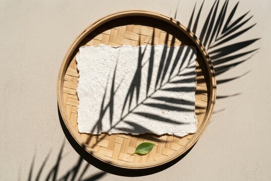 Minimalist Mockup with Handmade Paper on Bamboo Tray and Tropical Palm Leaf Shadow