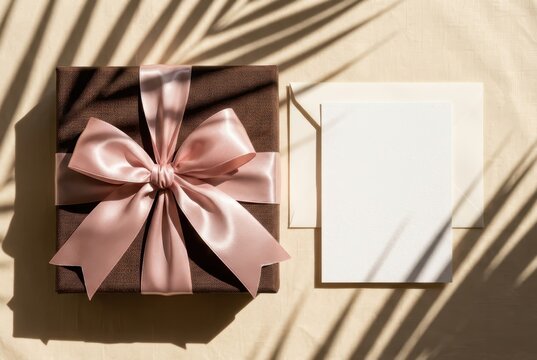 Elegant Brown Gift Box with Pink Satin Bow and Blank Greeting Card Mockup with Palm Leaf Shadows