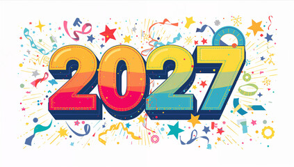 Fototapeta premium Colorful 2027 numbers with falling confetti on white background festive new year celebration confetti greeting colorful template seasonal happiness anniversary decoration