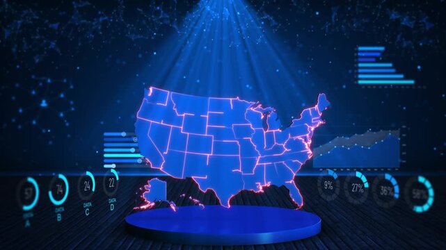 Futuristic America data dashboard a glowing map, charts and performance indicators. for corporate analytics, population research, forecasting, economic reports and strategic planning videos.
