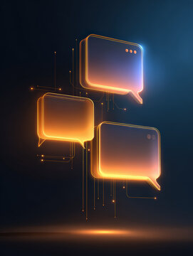 Glowing 3D speech bubble icons with dots in orange and blue online chat concept