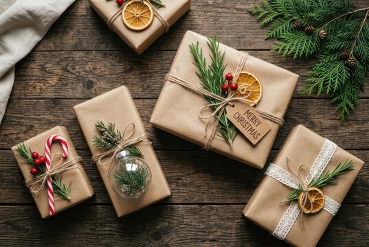 Rustic Christmas Gift Boxes Wrapped in Brown Kraft Paper with Natural Decorations on Dark Wooden Background