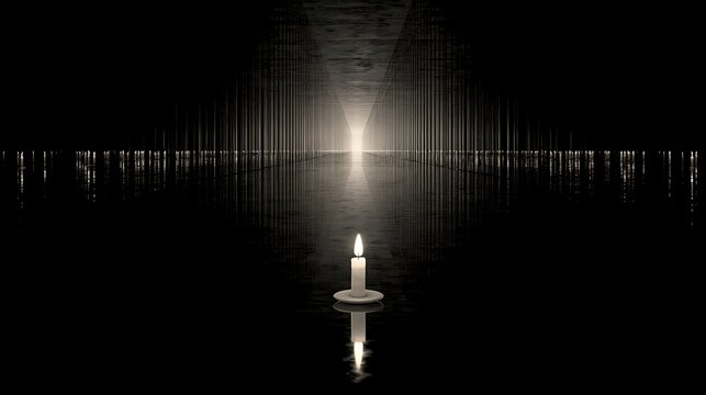183. A conceptual art piece representing existential loneliness. A single lit candle sitting in a massive, dark room made entirely of mirrors, reflecting an infinite, silent line of empty candles 