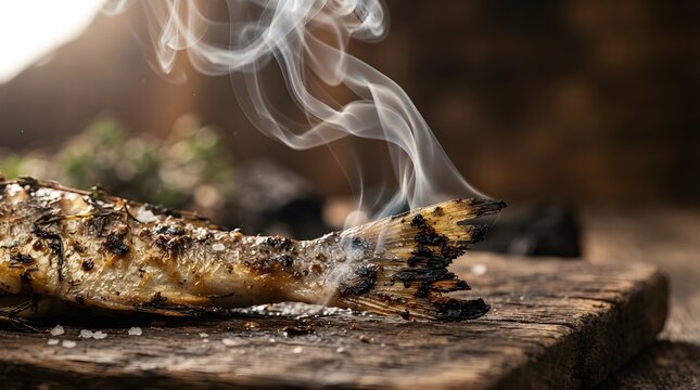 Smoke drifting past grilled fish on dining counter with soft