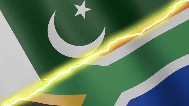 Two waving flags Pakistan and South Africa with diagonal lightning seamless, 4k loop