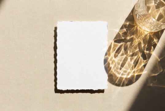 Blank White Deckle Edge Card Mockup on Beige Fabric with Glass Water Caustic Shadows and Sunlight