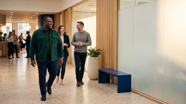 Confident colleagues leave an inclusive leadership session together
