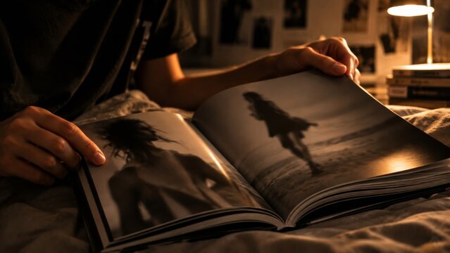 Person looking through a photography book with black and white images, exploring visual storytelling, creative inspiration and photographic art