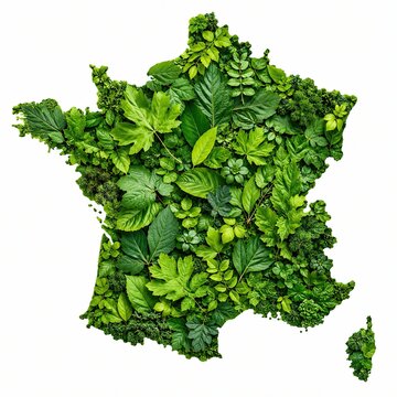 Map of france shape filled with fresh green leaves on white background