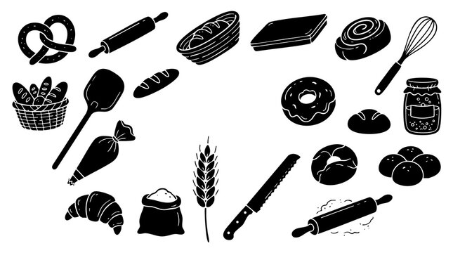 Bakery and bread doodle set with pastry items and baking tools for artisanal food graphic projects.