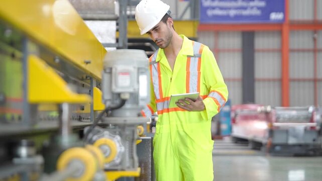 Industrial engineer in protective workwear uses a tablet to inspect machinery during a quality control audit inside a modern factory.