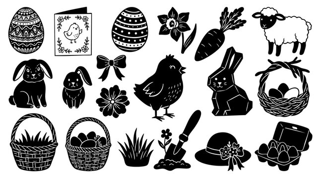 Black and white easter holiday themed vector icons set for spring celebration design.