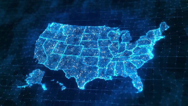 Futuristic USA map bright network points connected regions across country. telecom coverage, broadband infrastructure, cloud services, logistics, nationwide communication location data.