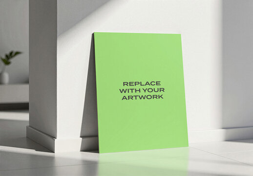 Vertical poster mockup displayed on a light-colored floor against white wall, realistic interior scene with natural sunlight, wooden pillar and indoor plant, template for art or advertising display