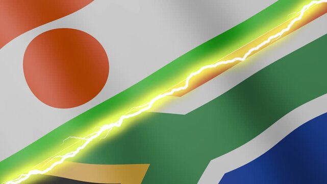 Two waving flags Niger and South Africa with diagonal lightning seamless, 4k loop